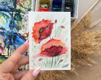California Poppy Painting ACEO original watercolor art floral artwork Poppy Original Wall Art Red Flower Watercolor Painting Poppies Artwork