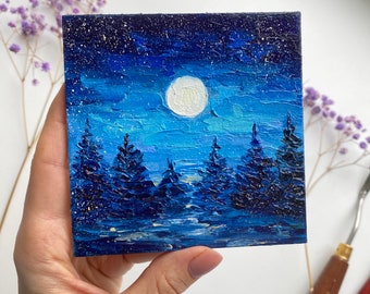 冬の風景オリジナルアート雪の油絵壁アート冬の森の夜明け