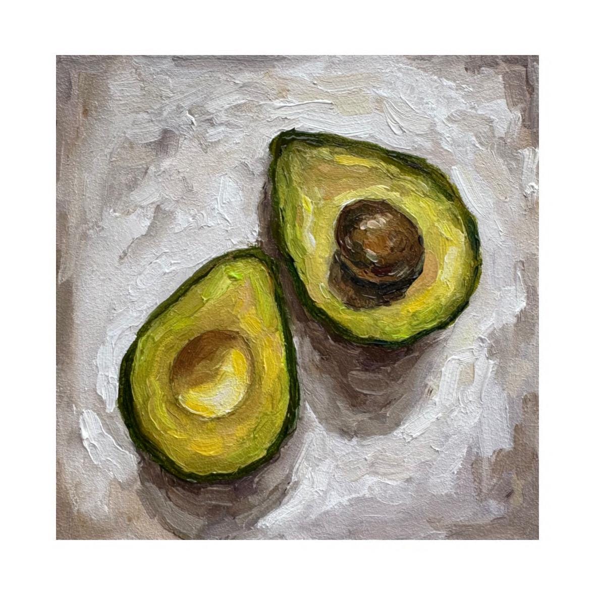 インパストアボカドペインティング：オリジナルキッチン静物画、6x6