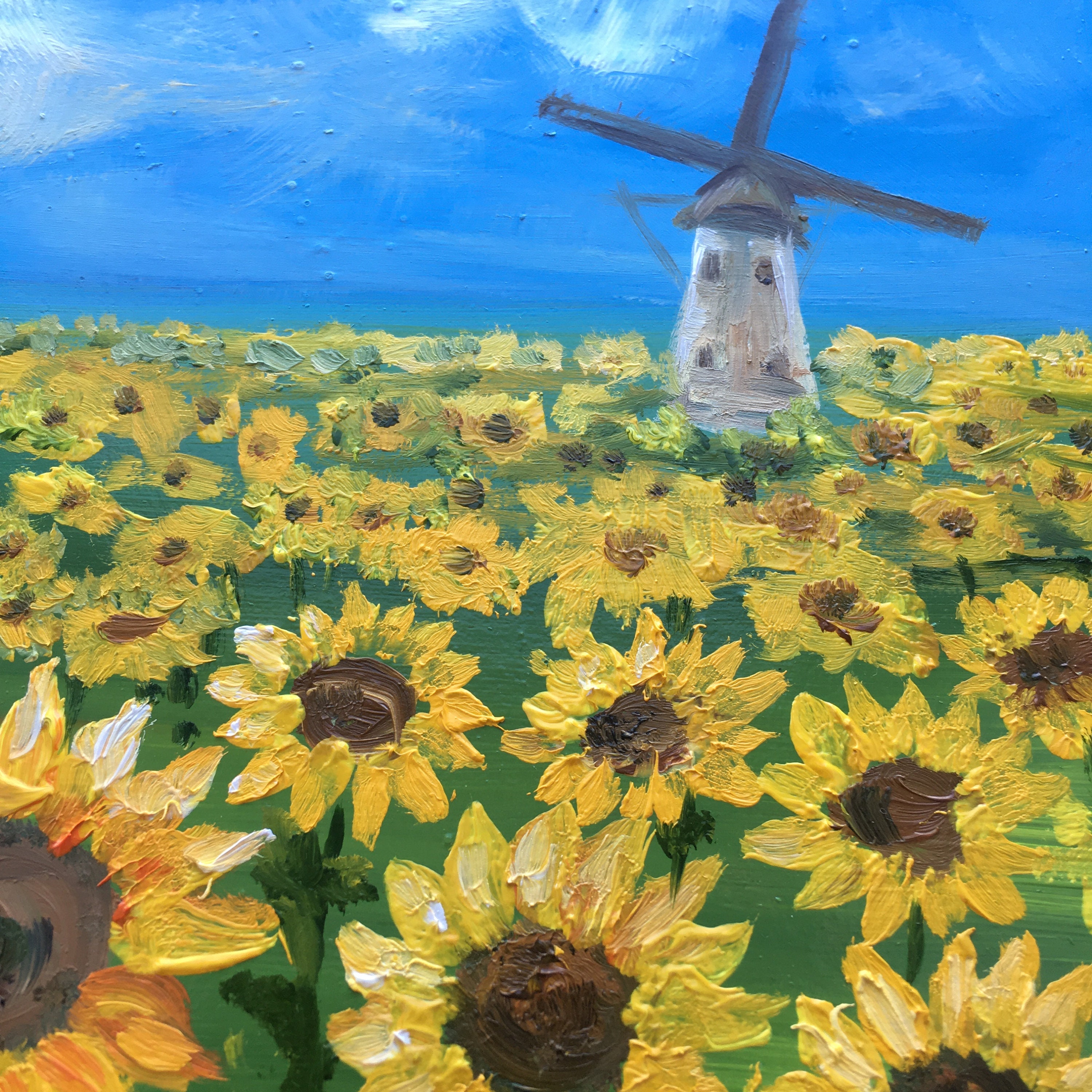 インパストひまわり畑の絵画：オランダの風車の風景、8x8のオリジナル