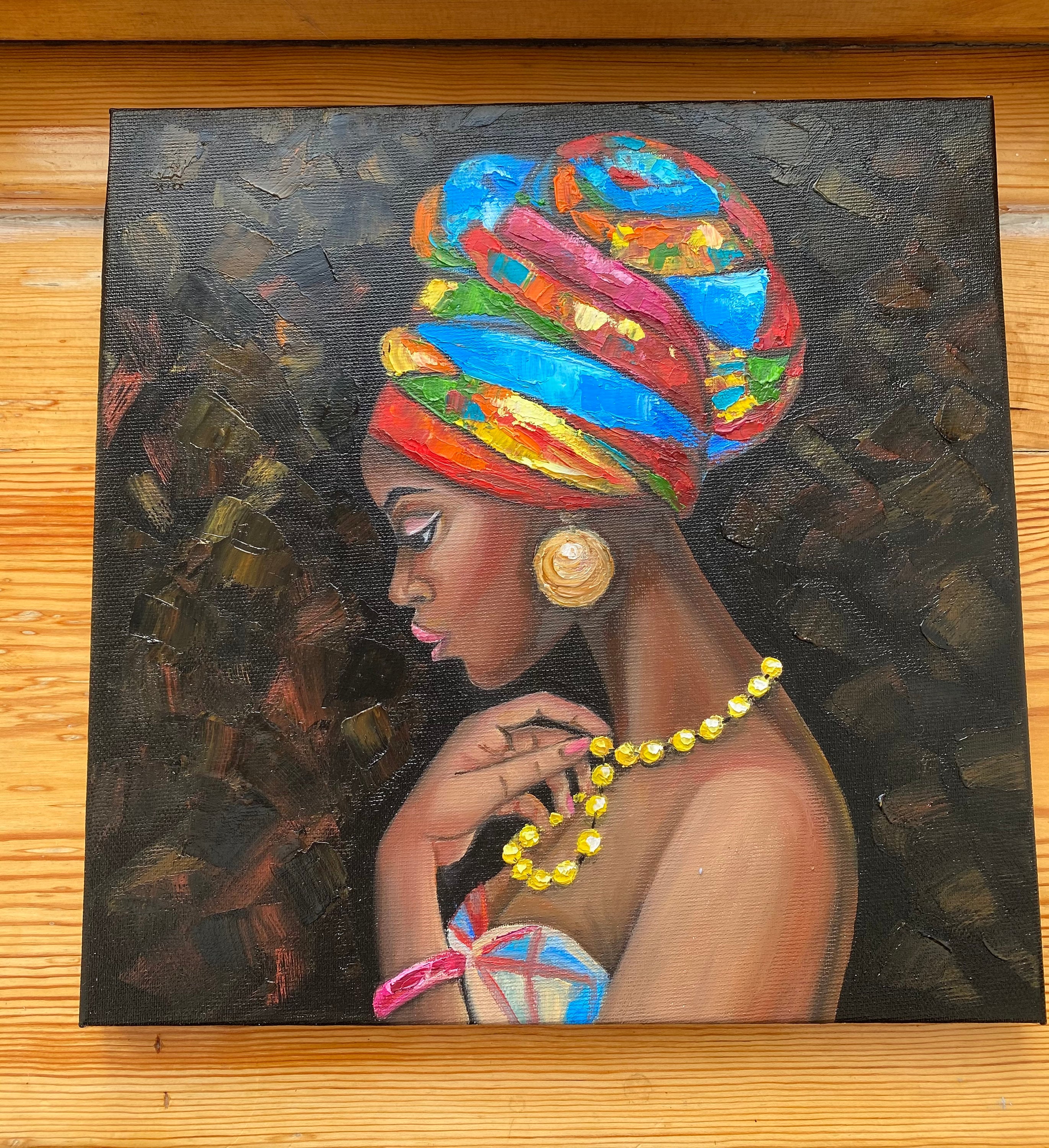 アフリカの女王の絵画：インパスト油絵肖像画、12x12キャンバスアート