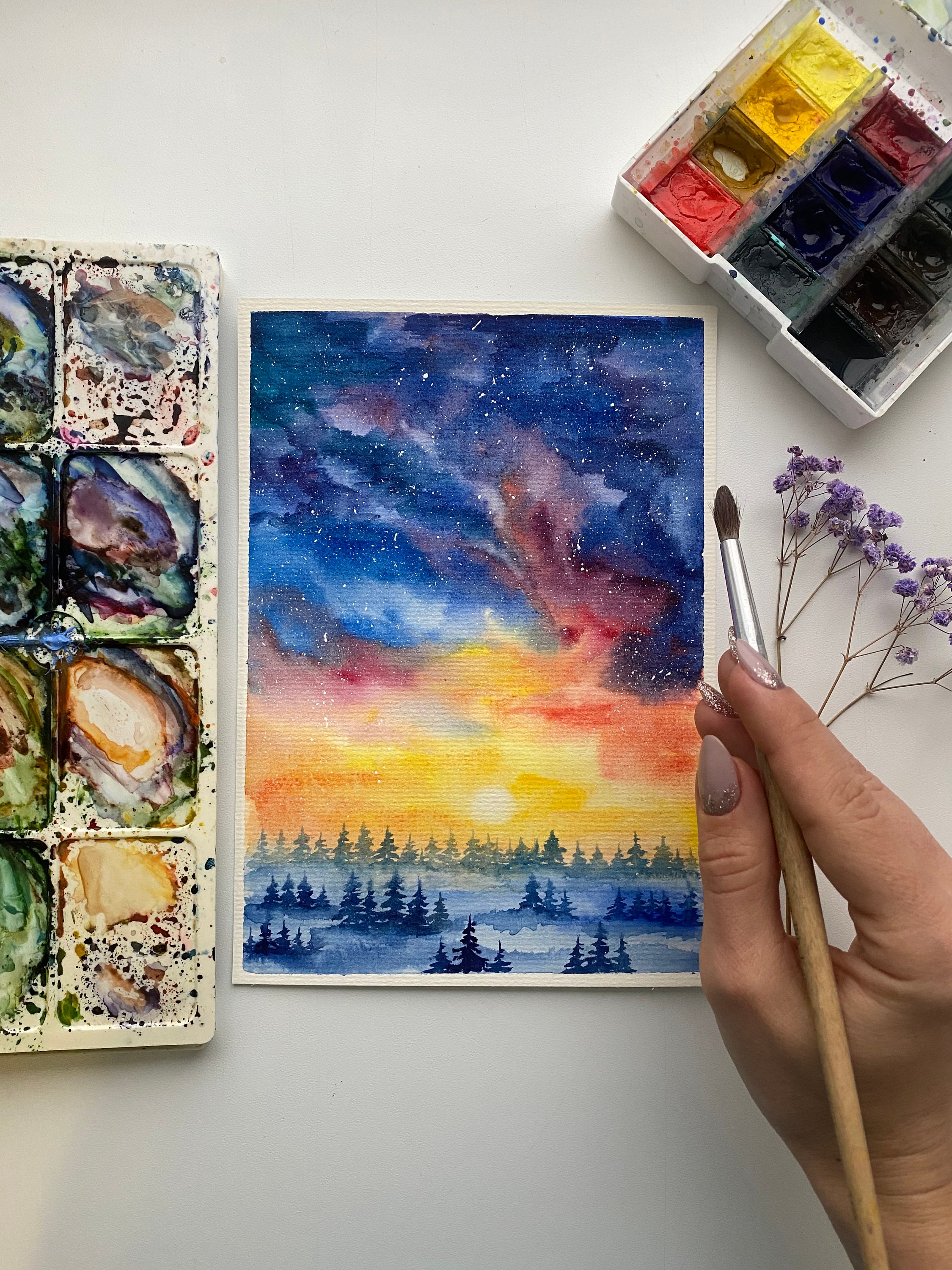 オリジナル夜空水彩画：松林の銀河アート（8x6） - Etsy 日本