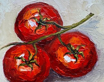 アンティーク品　絵画　油絵　トマト トマトのインパスト油絵：キッチンの静物画、6x6 - Etsy 日本