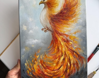 フェニックスの絵画：キャンバスに油彩を描いたインパスト画 - 燃える