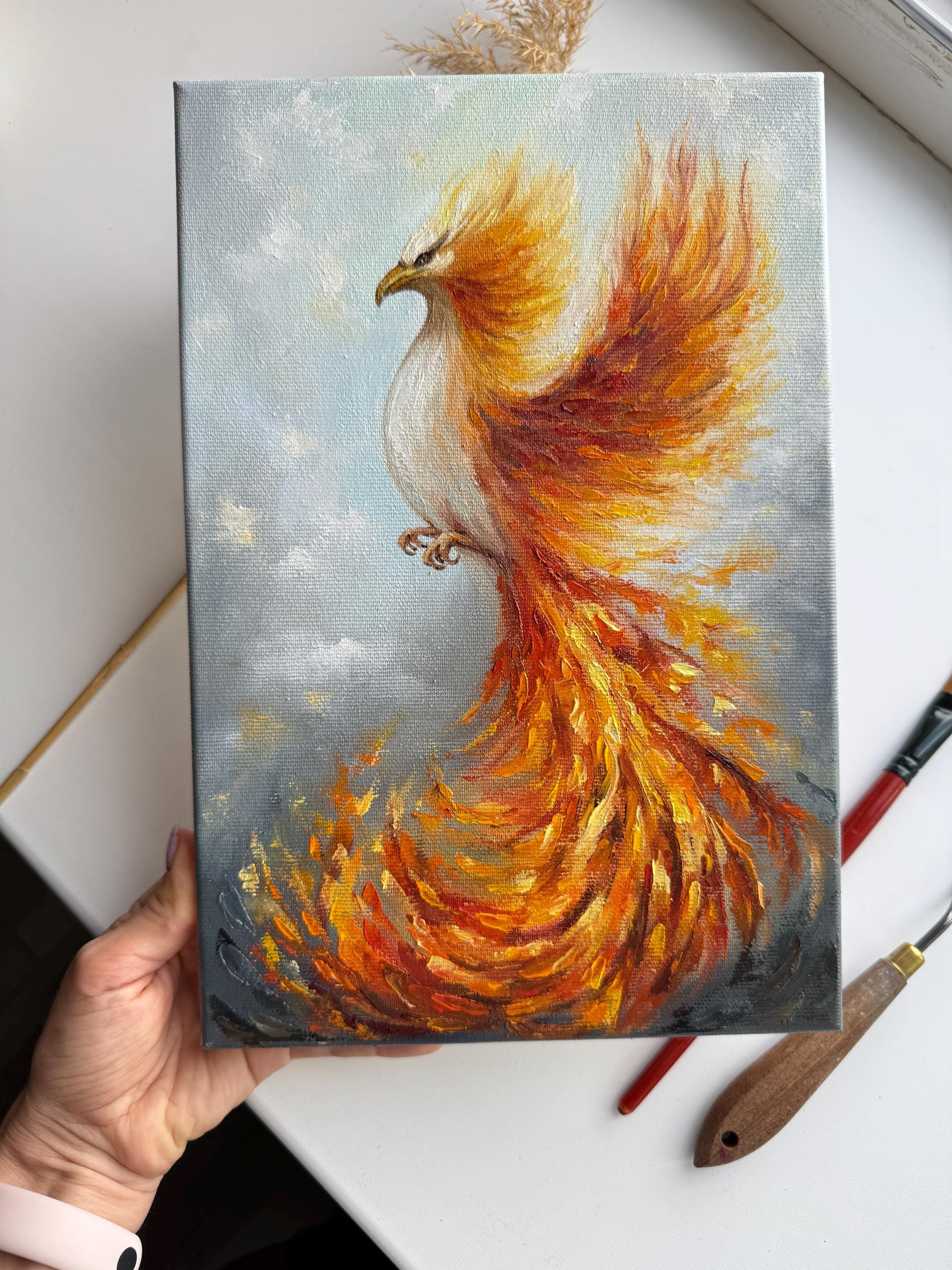 フェニックスの絵画：キャンバスに油彩を描いたインパスト画 - 燃える