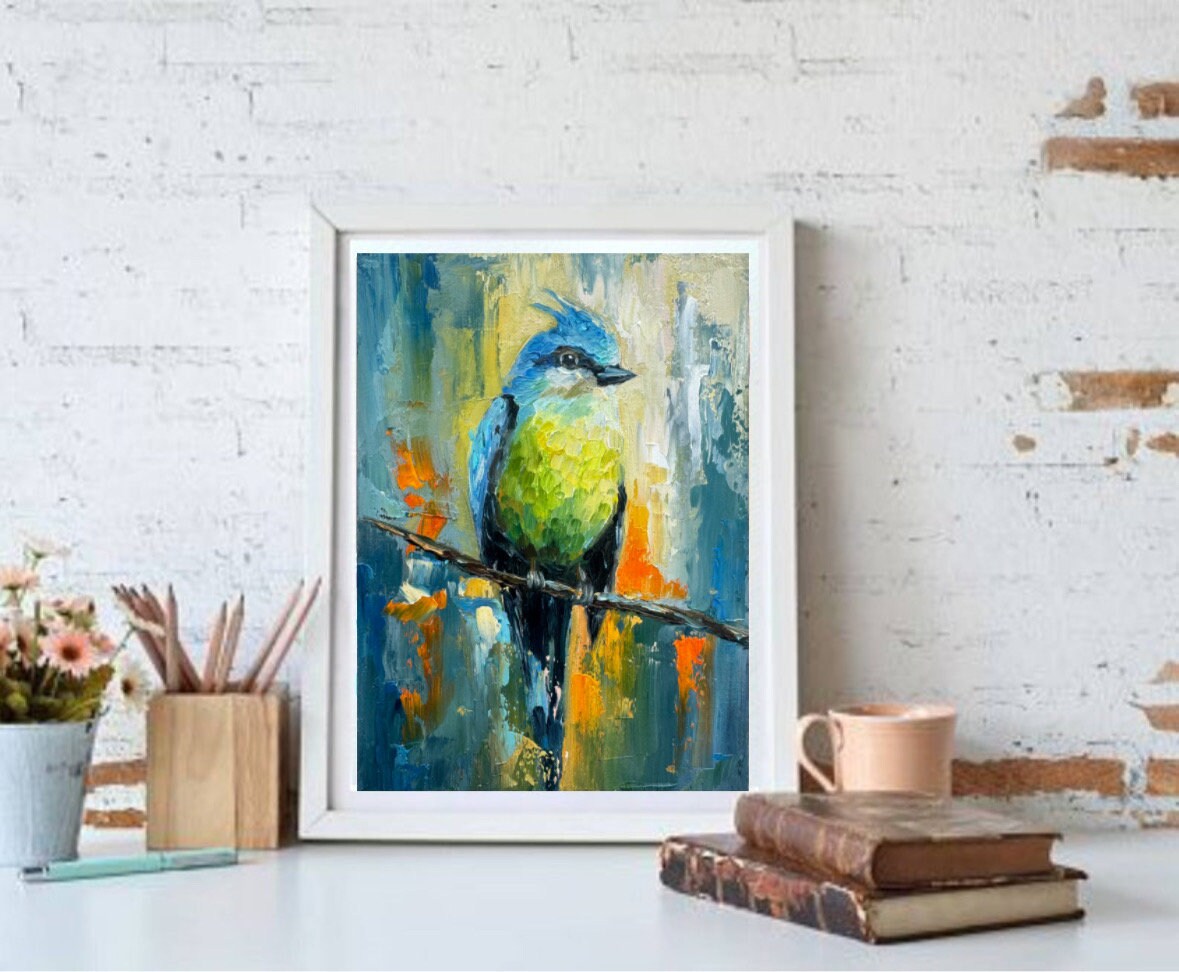 ブルージェイの油絵 鳥のアートワーク 鳥 半抽象画 壁飾り