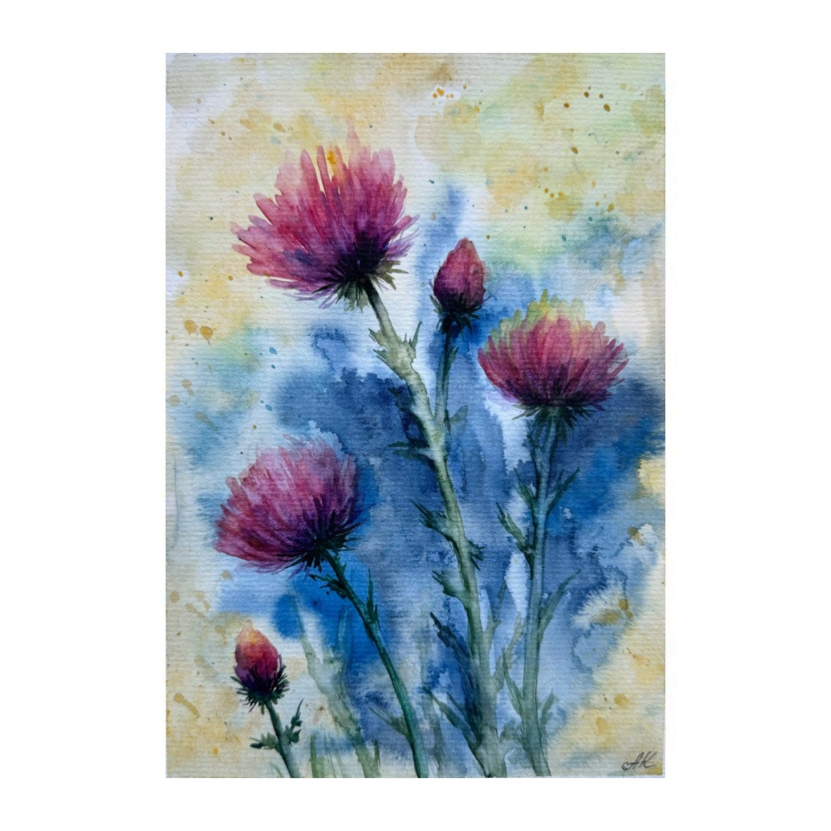 スコットランドのアザミのオリジナル水彩画：8x6の花の壁アート - Etsy