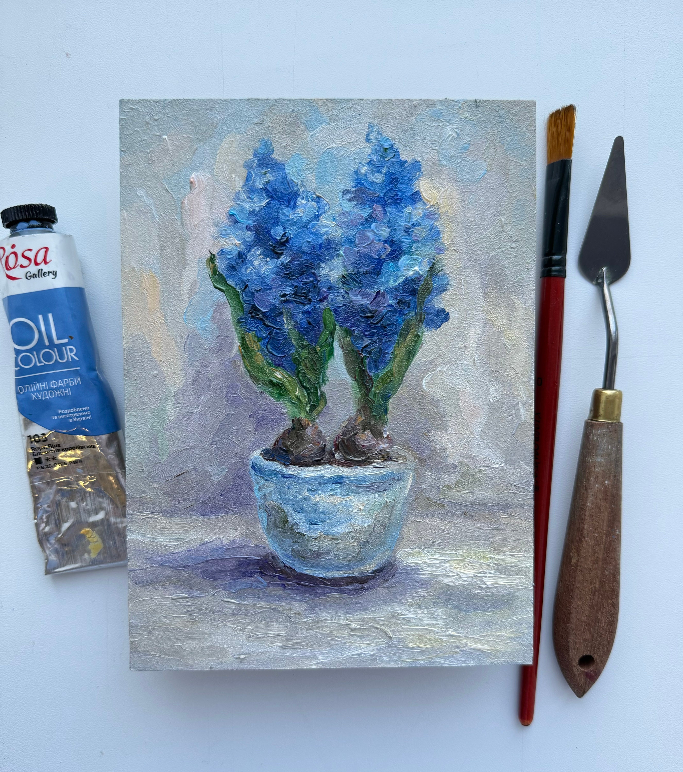 momorin水彩画 窓際のヒヤシンス　値段は※900円です ブルーヒヤシンスのインパスト画：花の静物画、7x5インチのオリジナル