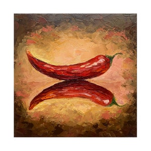 Pintura de chiles Arte original Arte mural de pimientos rojos Pintura de naturaleza muerta con chiles Pintura al óleo de empasto de pimientos Arte pequeño de chiles 8x8 de Alla