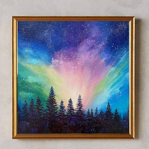 Northern Lights oil painting Pine trees Wall Art Northern Lights art print Aurora Borealis painting Night Sky Artwork Pine trees poster