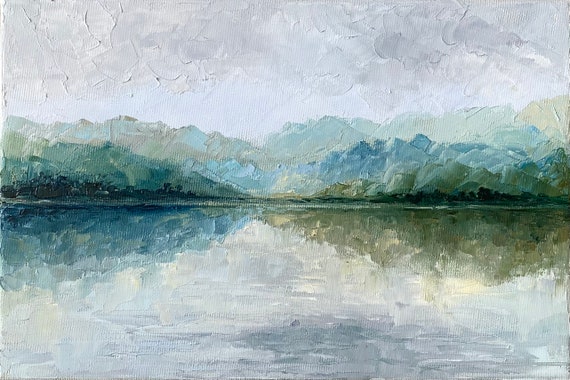 霧の湖の絵画：オリジナルの霧の風景画、厚塗り技法、8x12インチ