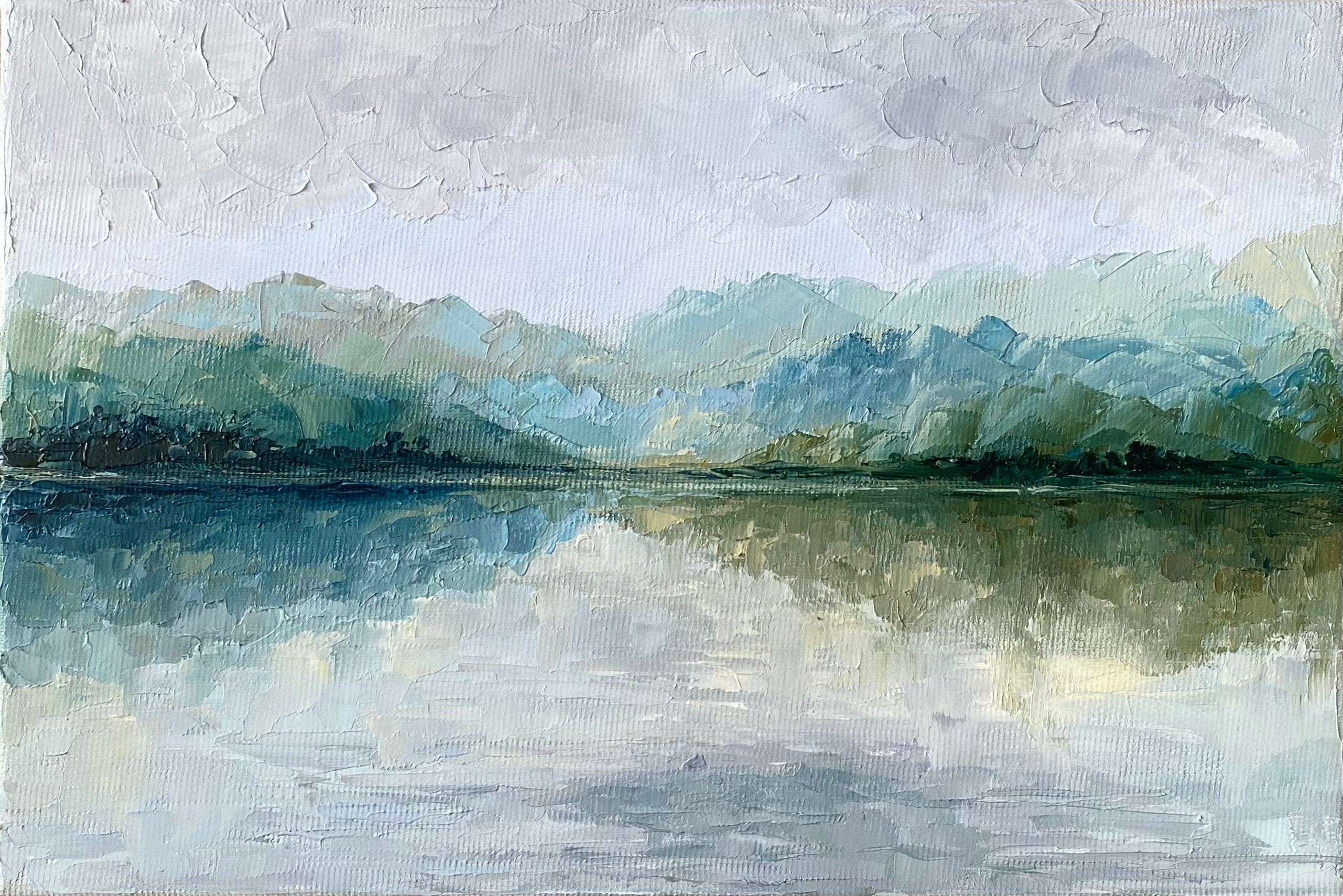 霧の湖の絵画：オリジナルの霧の風景画、厚塗り技法、8x12インチ