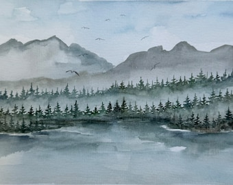 Original Watercolor Painting: Misty Forest Lake Art (6x8 inches)