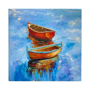Fishing Boats Painting Seascape Original Art sailboats Wall Art Boat impasto Painting seascape oil painting on canvas 10x10 inches by Alla