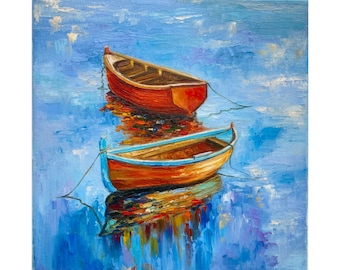 Fishing Boats Impasto Painting: Seascape Oil Painting on Canvas (10x10 inches)