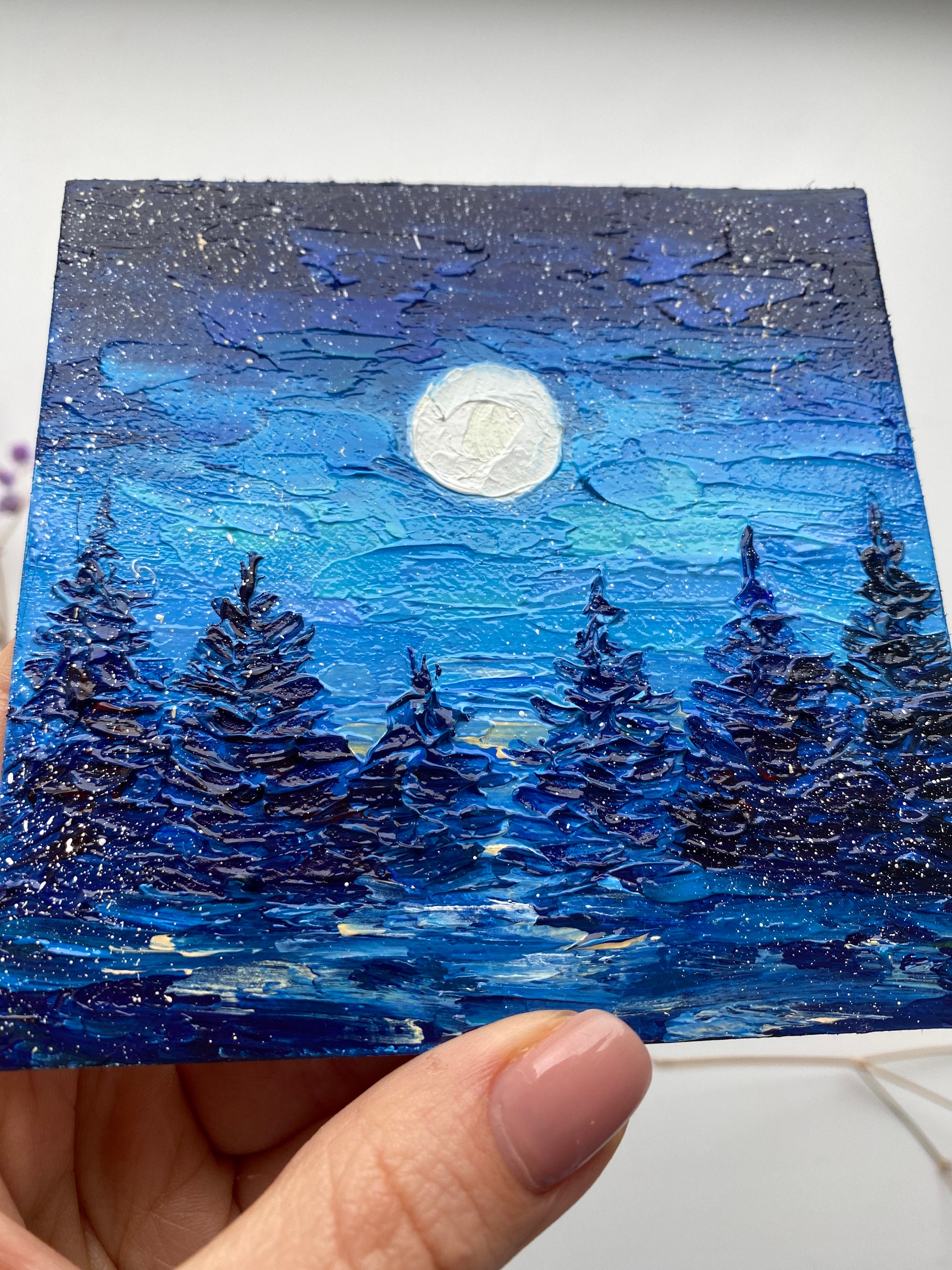 満月の風景画 松の木 オリジナルアート 夜の森 油絵 月光