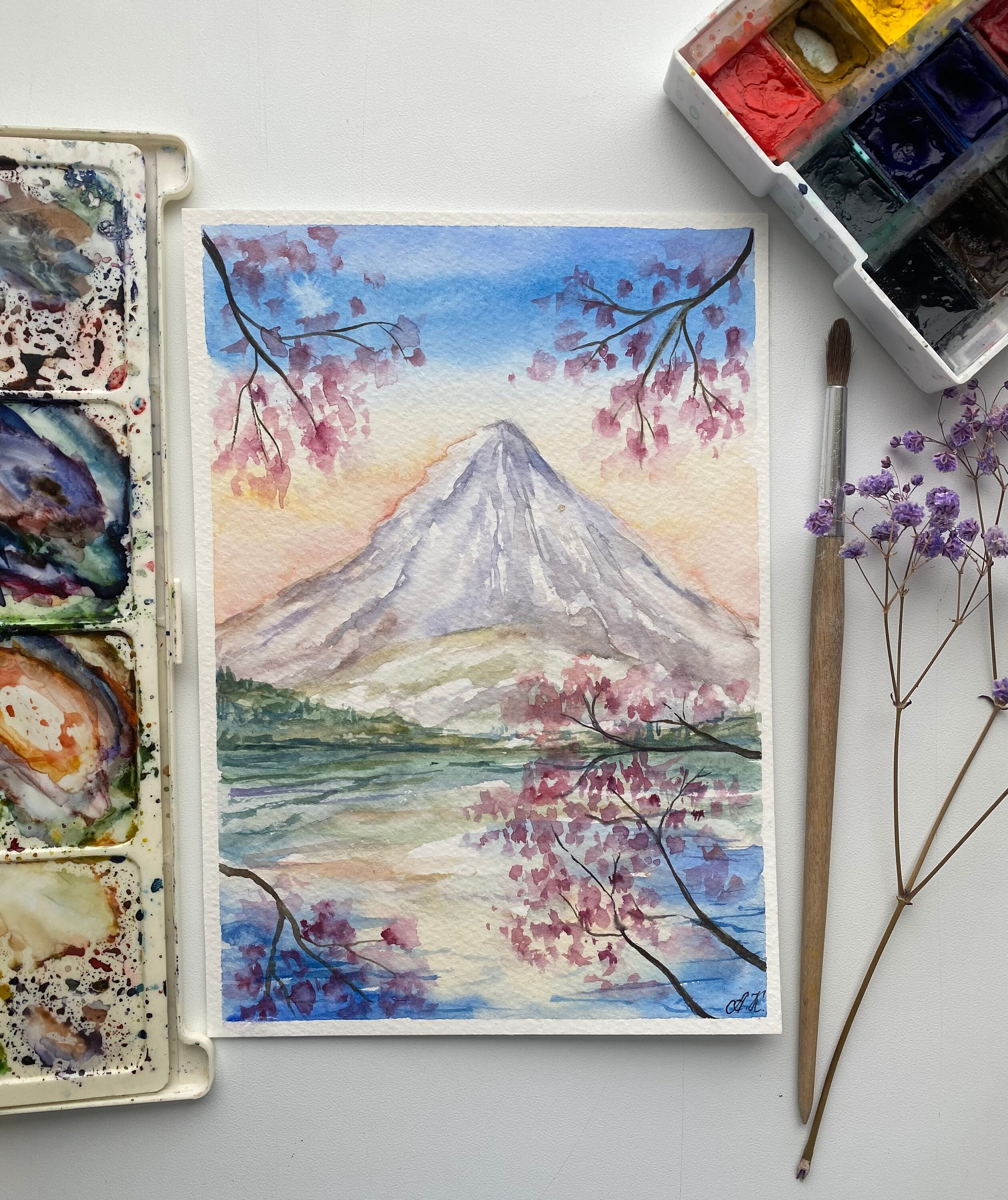 富士山の水彩画：日本の桜のアート（8x6インチ） - Etsy 日本