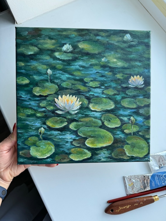 睡蓮の油絵：オリジナルの花の池のアート、10x10 キャンバス - Etsy 日本