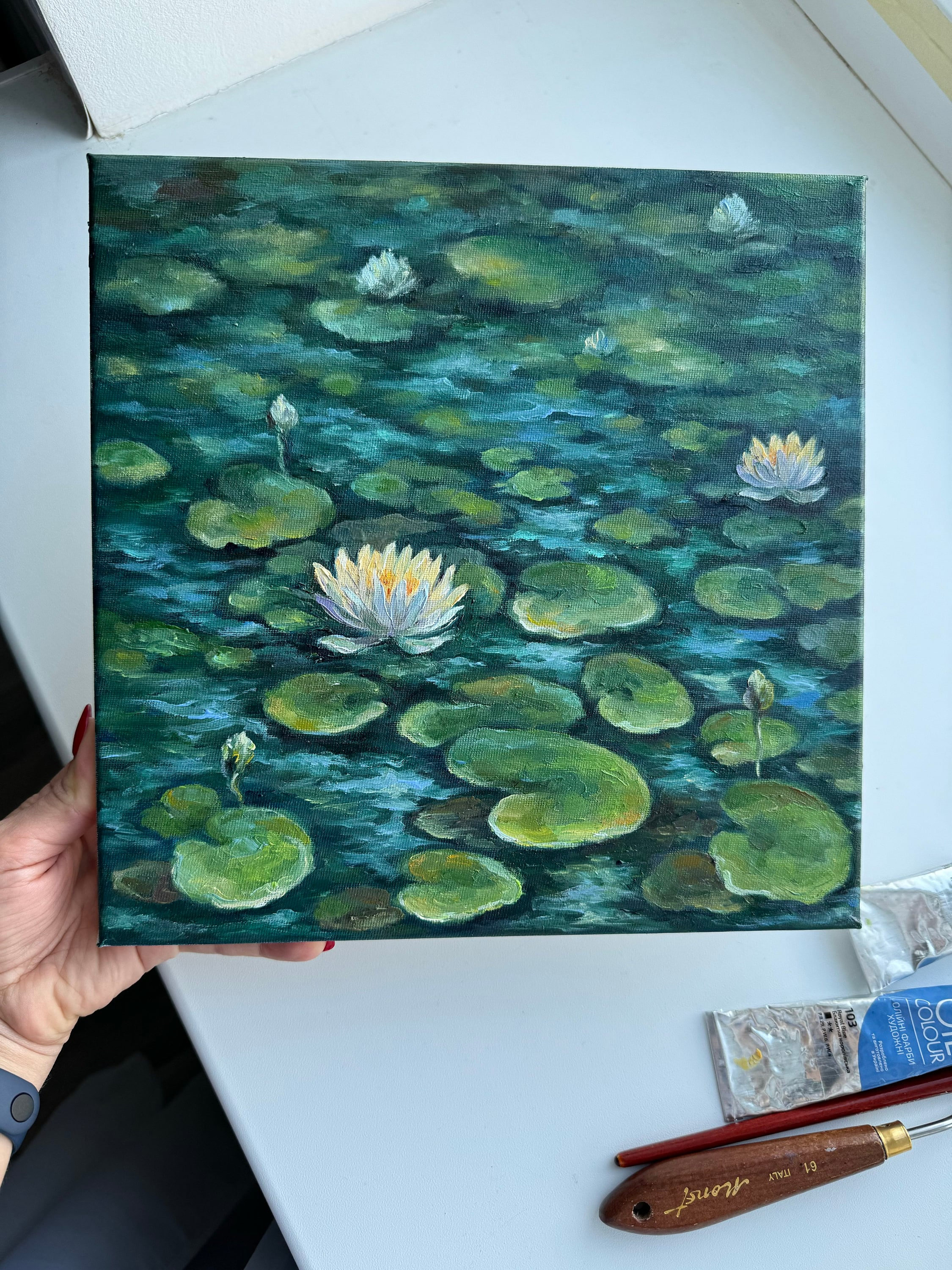 睡蓮の油絵：オリジナルの花の池のアート、10x10 キャンバス - Etsy 日本
