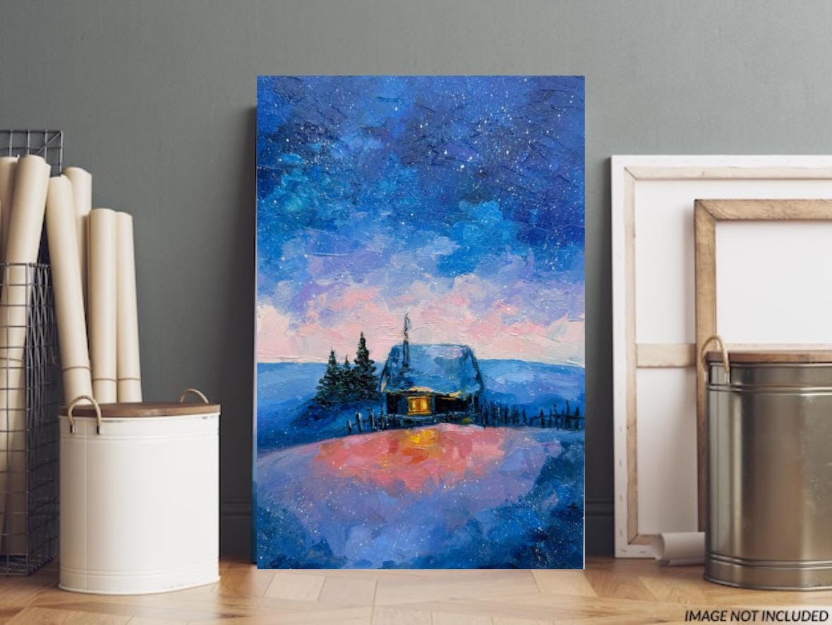 オリジナル冬の風景油絵：星空のコテージアート（12x8インチ） - Etsy 日本