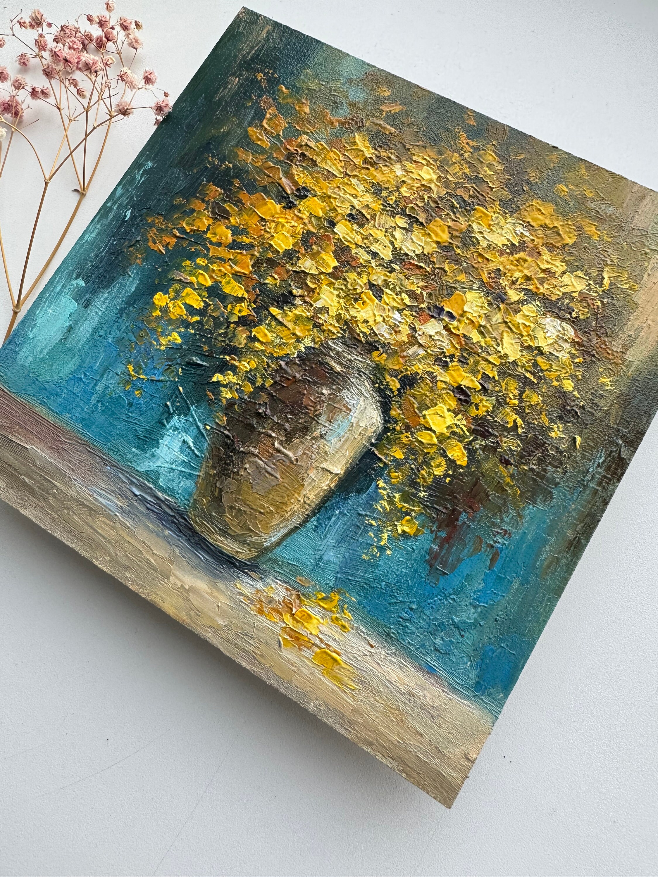 ミモザのインパスト画：オリジナルの花のアート、黄色の花（8x8