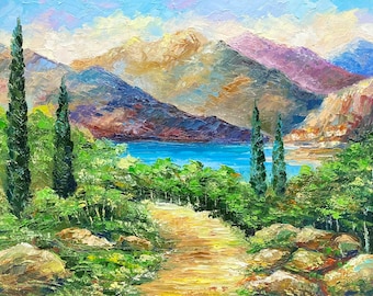 油絵トスカーナ風景 オリジナルのイタリア・トスカーナ風景油絵：色鮮やかなイタリア