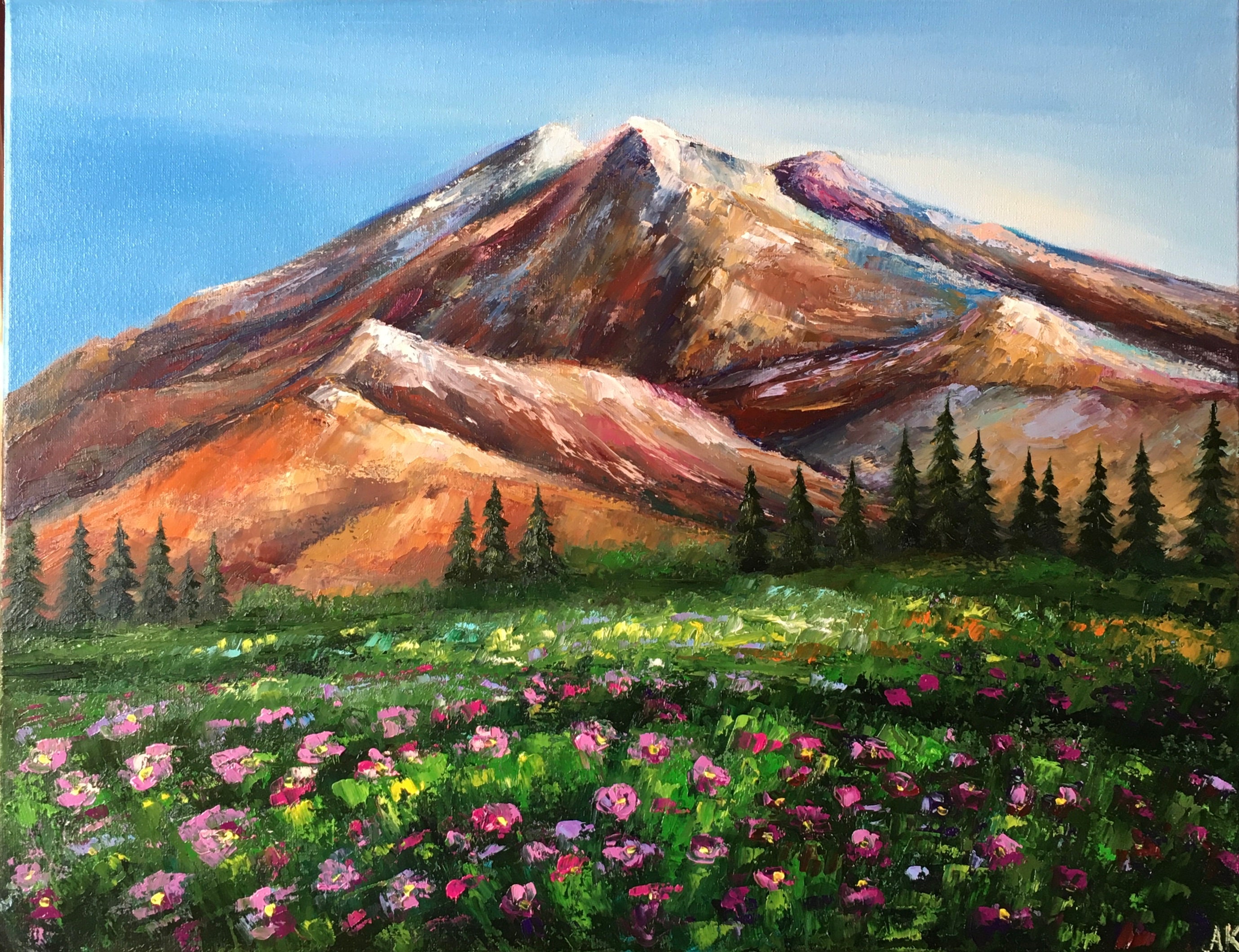 Olympic National Park Painting, Impasto Mountain Landscape Oil