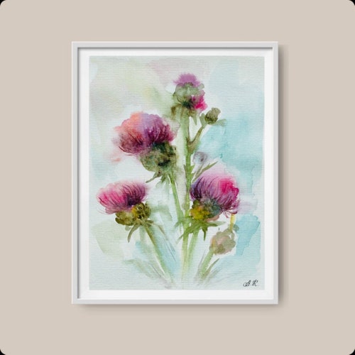 Impression d'art aquarelle chardon d'Écosse : affiche florale botanique