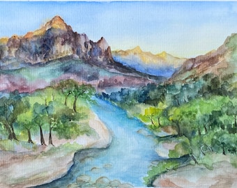 Original Zion National Park Watercolor Painting: Utah Mountain Landscape Art (6x8)