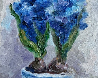 ブルーヒヤシンスのインパスト画：花の静物画、7x5インチのオリジナル
