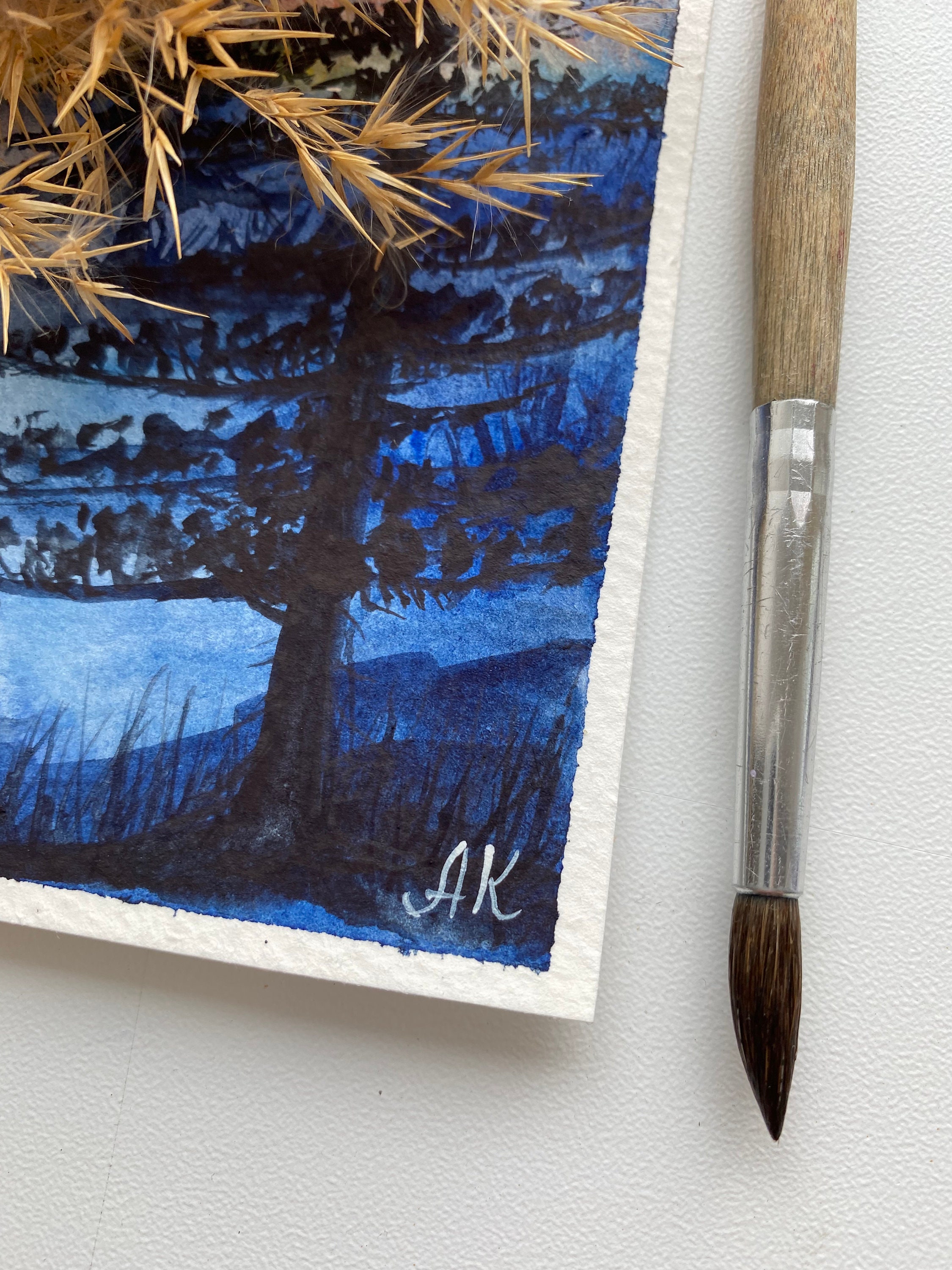 満月の松の木の水彩画：夜の森の風景画（8 x 6インチ） - Etsy 日本