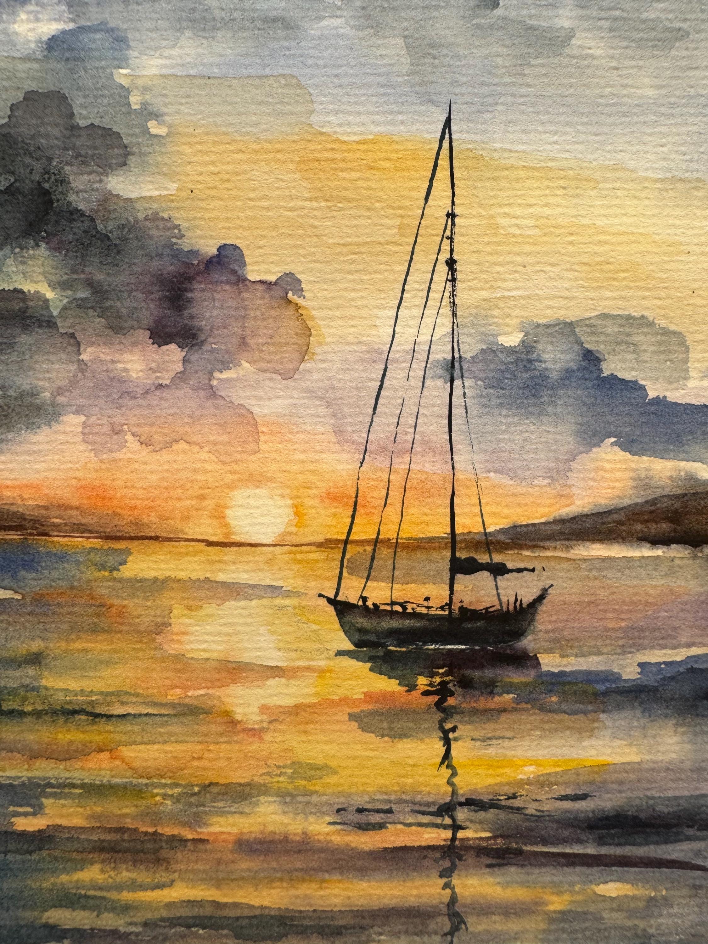オリジナル水彩画「帆船」：カリフォルニアの海景アート 6x8 - Etsy 日本