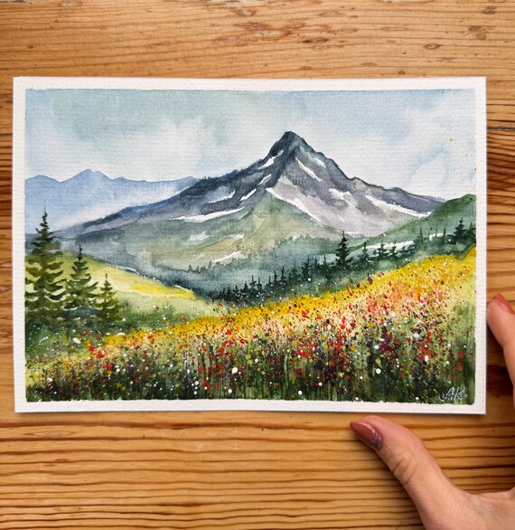 ロッキー山脈の水彩画：コロラドの野花の風景画（6x8） - Etsy 日本