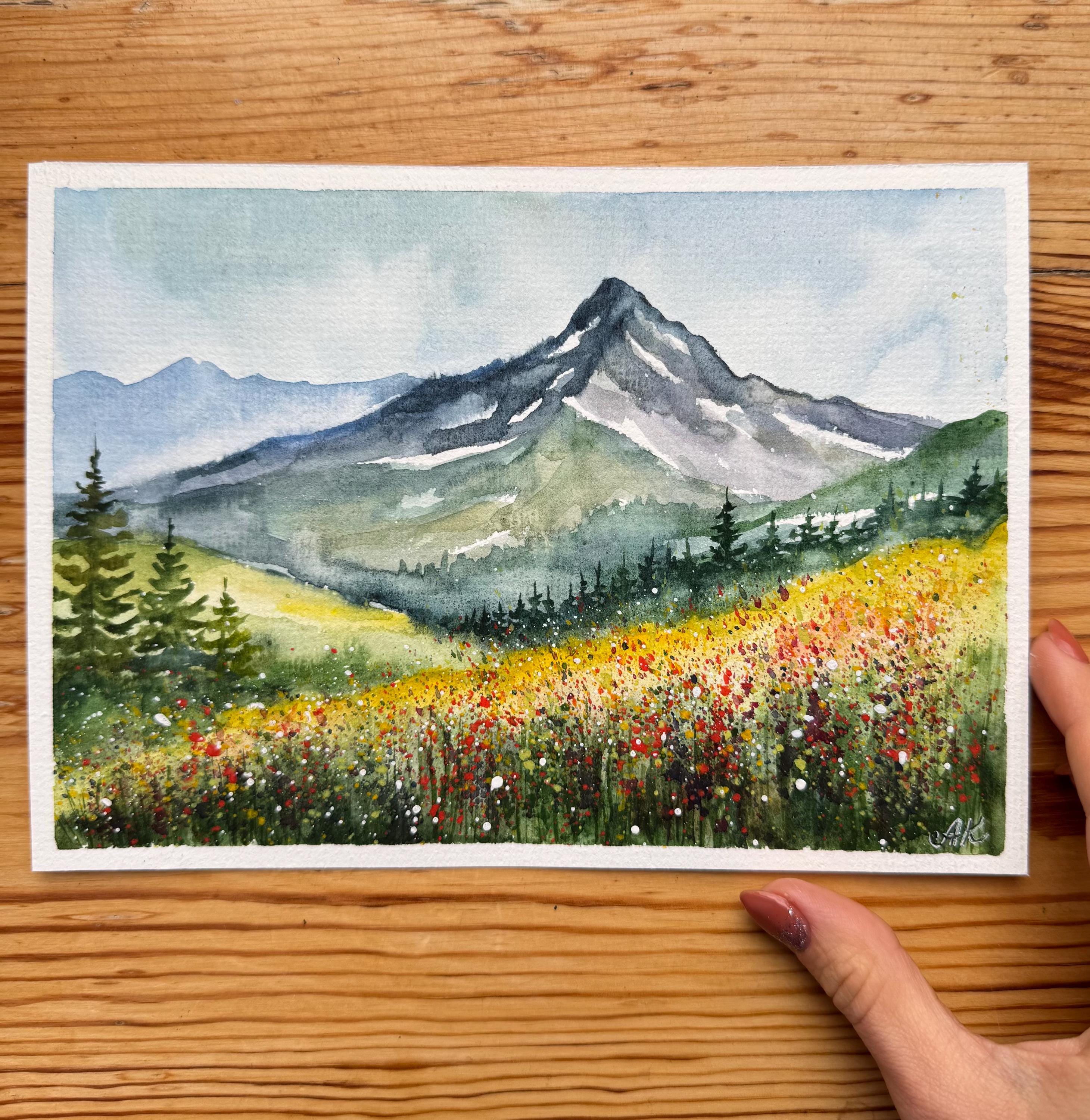 ロッキー山脈の水彩画：コロラドの野花の風景画（6x8） - Etsy 日本