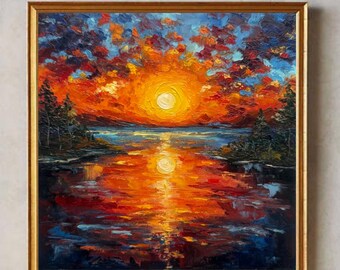 Michigan Lake Sunset Oil Painting: Original Impasto Landscape Art