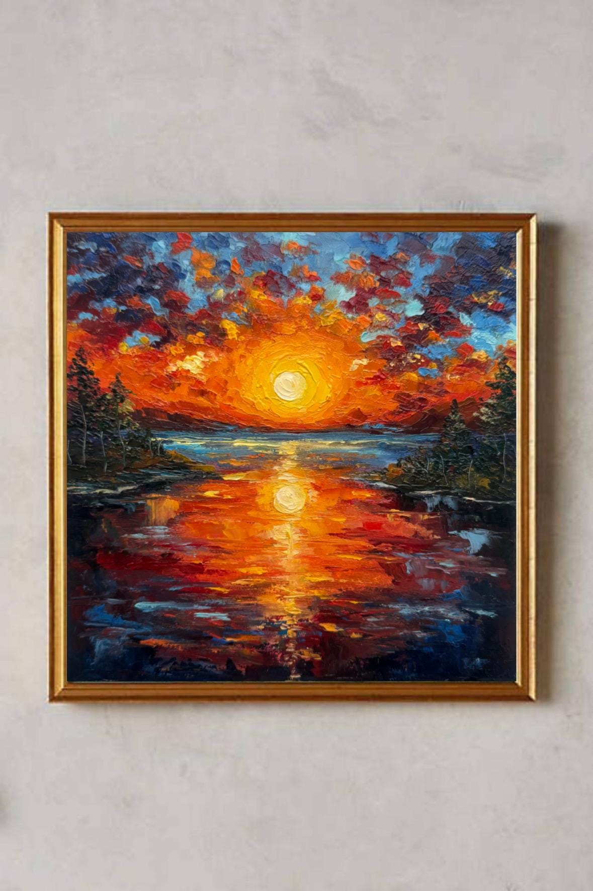 ミシガン湖の夕日の油絵：オリジナルのインパスト風景画（8 x 8インチ