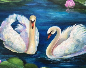 白鳥の絵画：モネの池、睡蓮、オリジナル油絵（12x12） - Etsy 日本