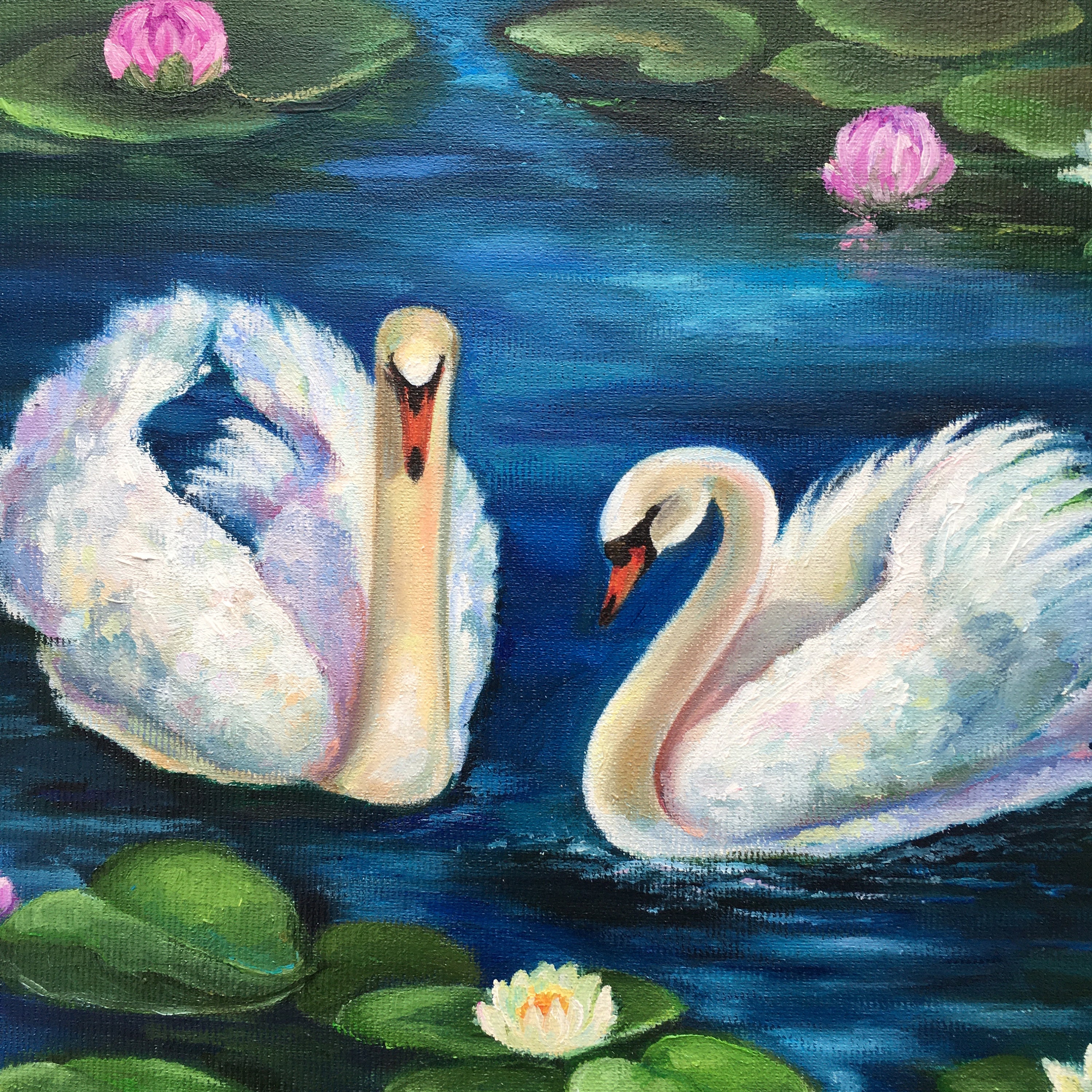 白鳥の絵画：モネの池、睡蓮、オリジナル油絵（12x12） - Etsy 日本