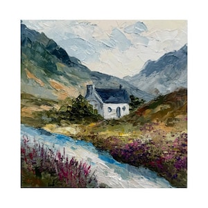 Scotland Painting Cottage Original Art Scotland Landscape Wall Art Scottish Hills Painting Scottish Cottage impasto painting 6x6 inches