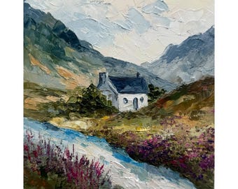 May include: Oil painting of a white cottage with a dark blue roof nestled in a valley. The landscape features mountains, a stream, and purple flowers. The artwork uses thick brushstrokes and a palette of greens, blues, and browns.
