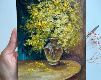 ミモザのインパスト画：花の静物画、黄色い花のアートワーク（7x5