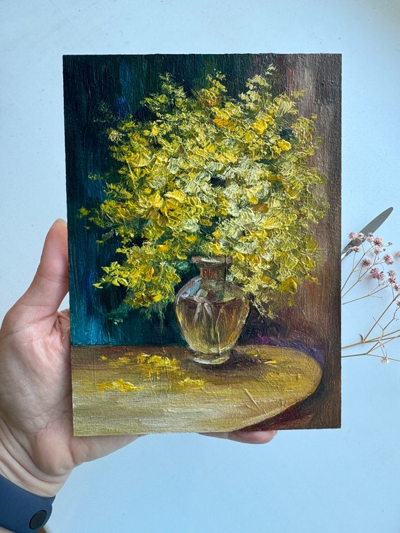 ミモザのインパスト画：花の静物画、黄色い花のアートワーク（7x5