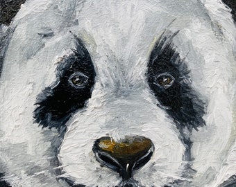 パンダの油絵：インパストクマの肖像、オリジナル動物アート（6x6
