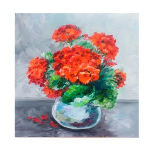 Geranium Painting Floral Original Art Red Flowers Impasto Small Painting Red Geranium Wall Art Geranium Flowers painting 8x8 by Alla