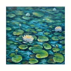 Water Lilies Painting Floral Original Art Water Lilies Wall Art Lotus painting pond artwork Water Lily oil painting on canvas 10x10 by Alla