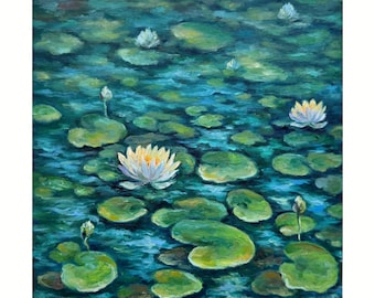 睡蓮の油絵：モネの池の絵、花の壁飾り（8x12） - Etsy 日本