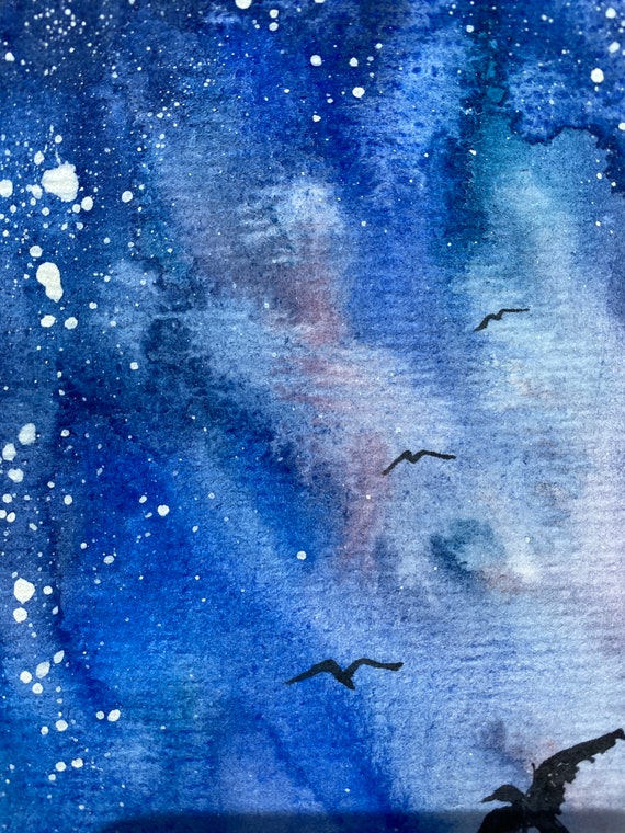 Night Forest Painting Original Art Watercolor Forest Wall
