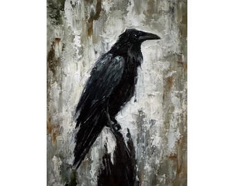 Raven Oil Painting: Impasto Black Bird Art, 6x8