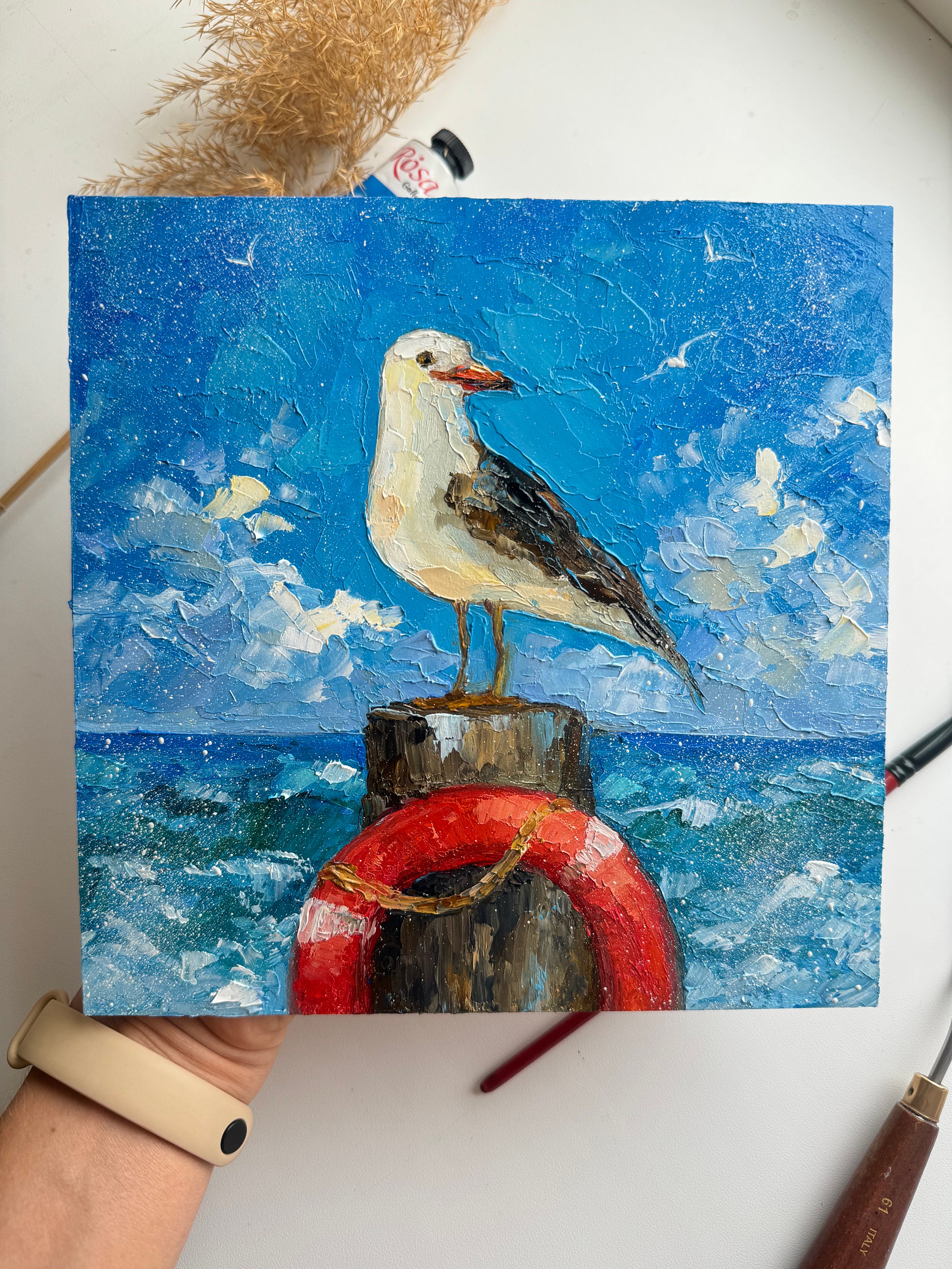 カモメの絵画：オリジナルのインパスト海景画、8x8 - Etsy 日本