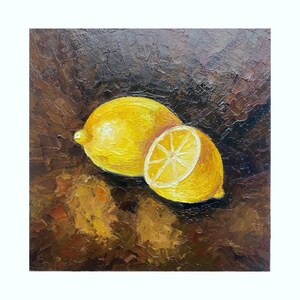 Lemon Painting Original Art Citrus Still Life Original Fruit Wall Art Small Painting Citrus Impasto Artwork Lemon oil painting 8x8 by Alla